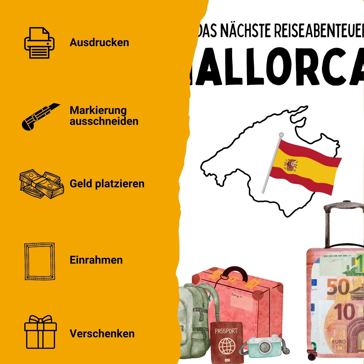 Mallorca Reise Geldgeschenk Reisegutschein – Digitaler Sofort Download PDF A4 zum Ausdrucken
