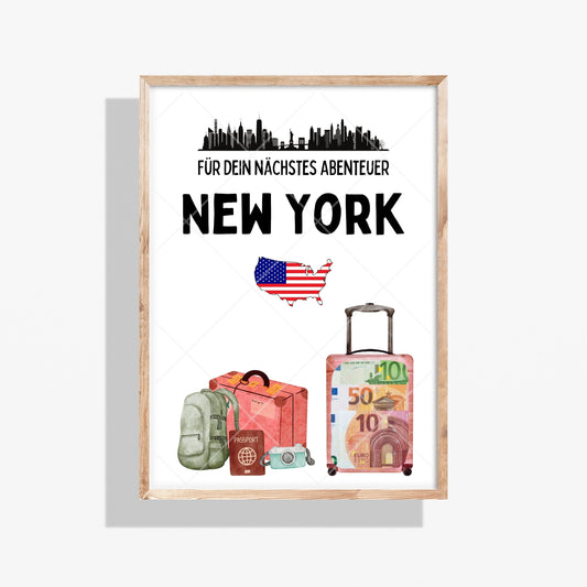New York Reise Geldgeschenk - Digitaler Sofort Download PDF A4 zum Ausdrucken