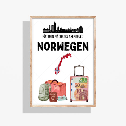 Norwegen Reise Geldgeschenk - Digitaler Sofort Download PDF A4 zum Ausdrucken