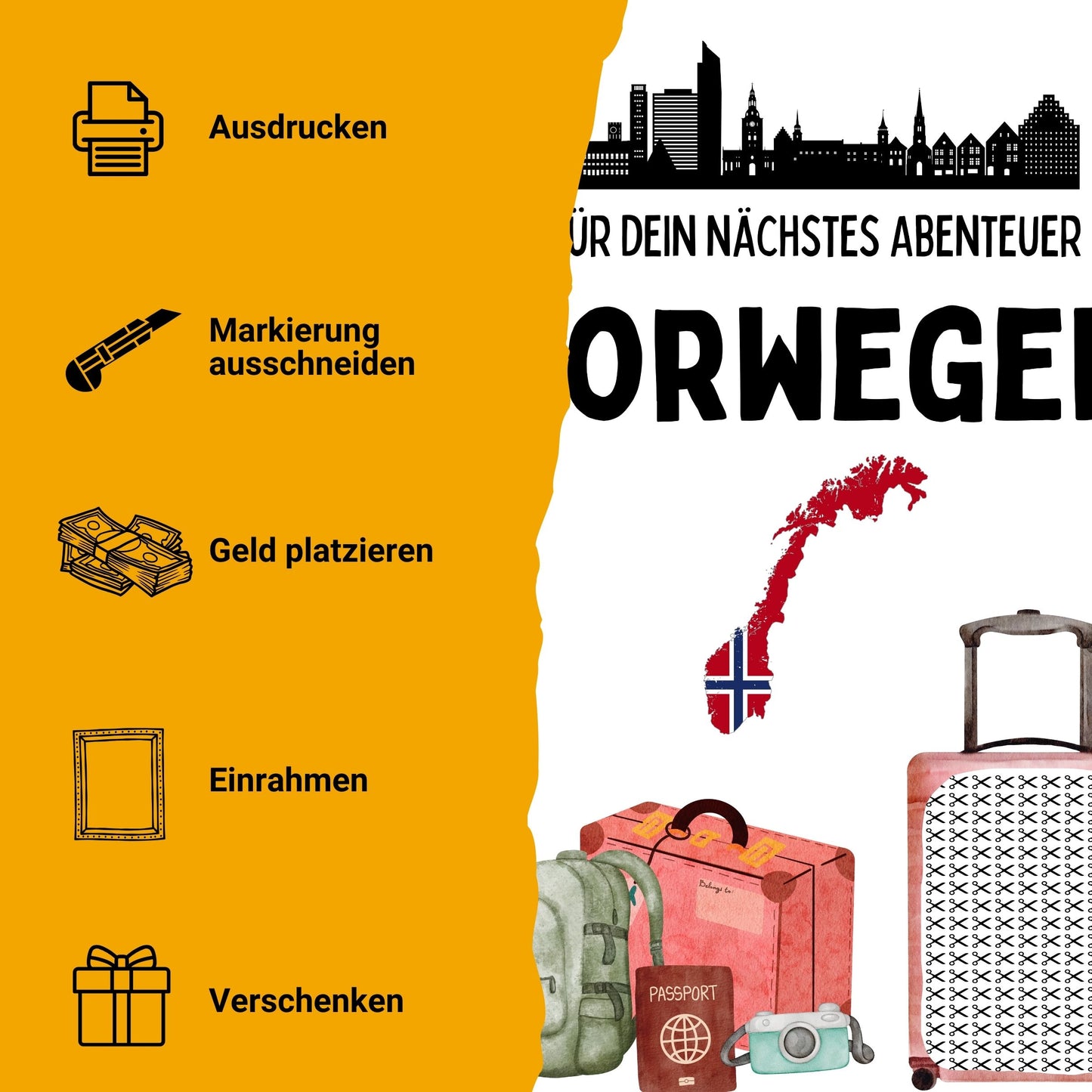 Norwegen Reise Geldgeschenk - Digitaler Sofort Download PDF A4 zum Ausdrucken