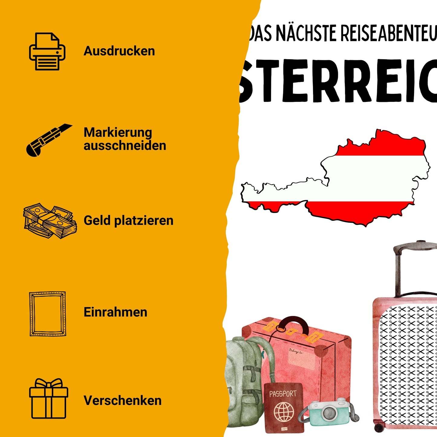 Österreich Reise Geldgeschenk Reisegutschein – Digitaler Sofort Download PDF A4 zum Ausdrucken