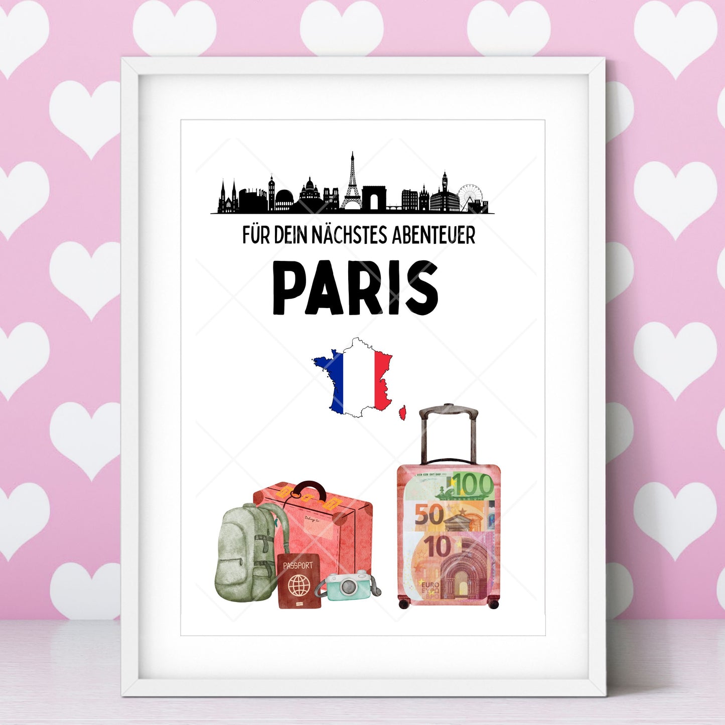 Paris Reise Geldgeschenk - Digitaler Sofort Download PDF A4 zum Ausdrucken