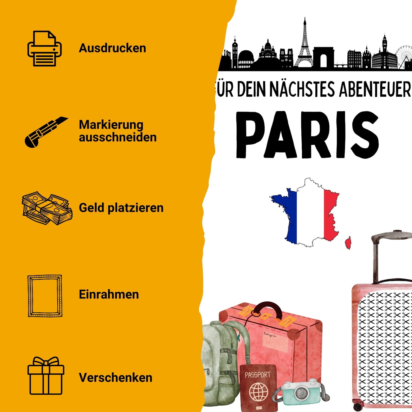 Paris Reise Geldgeschenk - Digitaler Sofort Download PDF A4 zum Ausdrucken