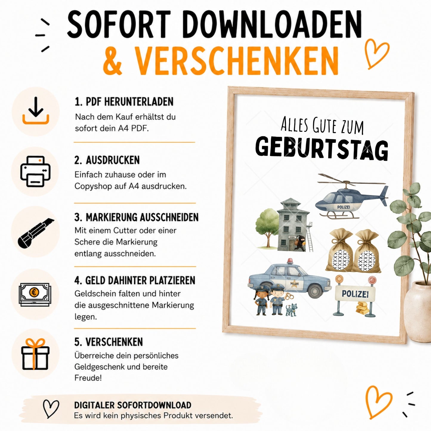 Polizei Geldgeschenk Geburtstag – Digitaler Sofort Download PDF A4 zum Ausdrucken