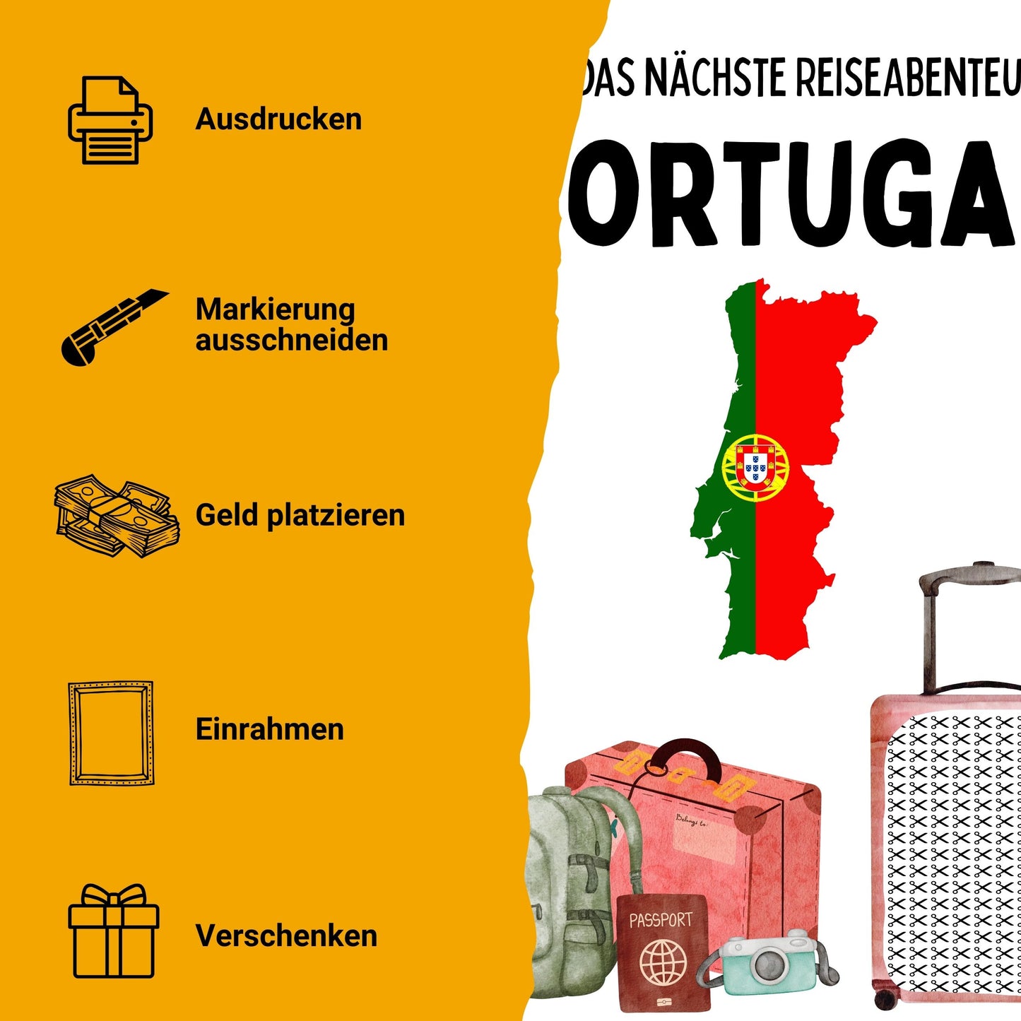 Portugal Reise Geldgeschenk - Digitaler Sofort Download PDF A4 zum Ausdrucken