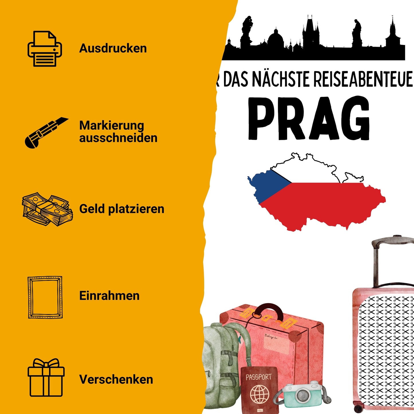 Prag Reise Geldgeschenk - Digitaler Sofort Download PDF A4 zum Ausdrucken