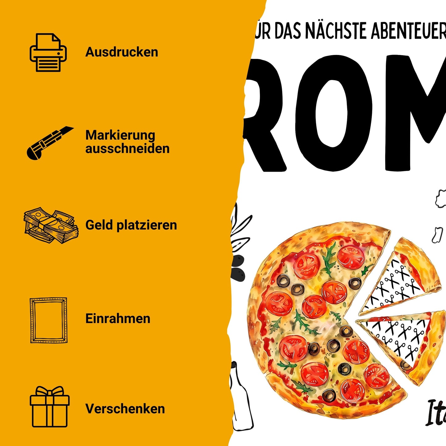 Rom Reise Geldgeschenk Pizza - Digitaler Sofort Download PDF A4 zum Ausdrucken