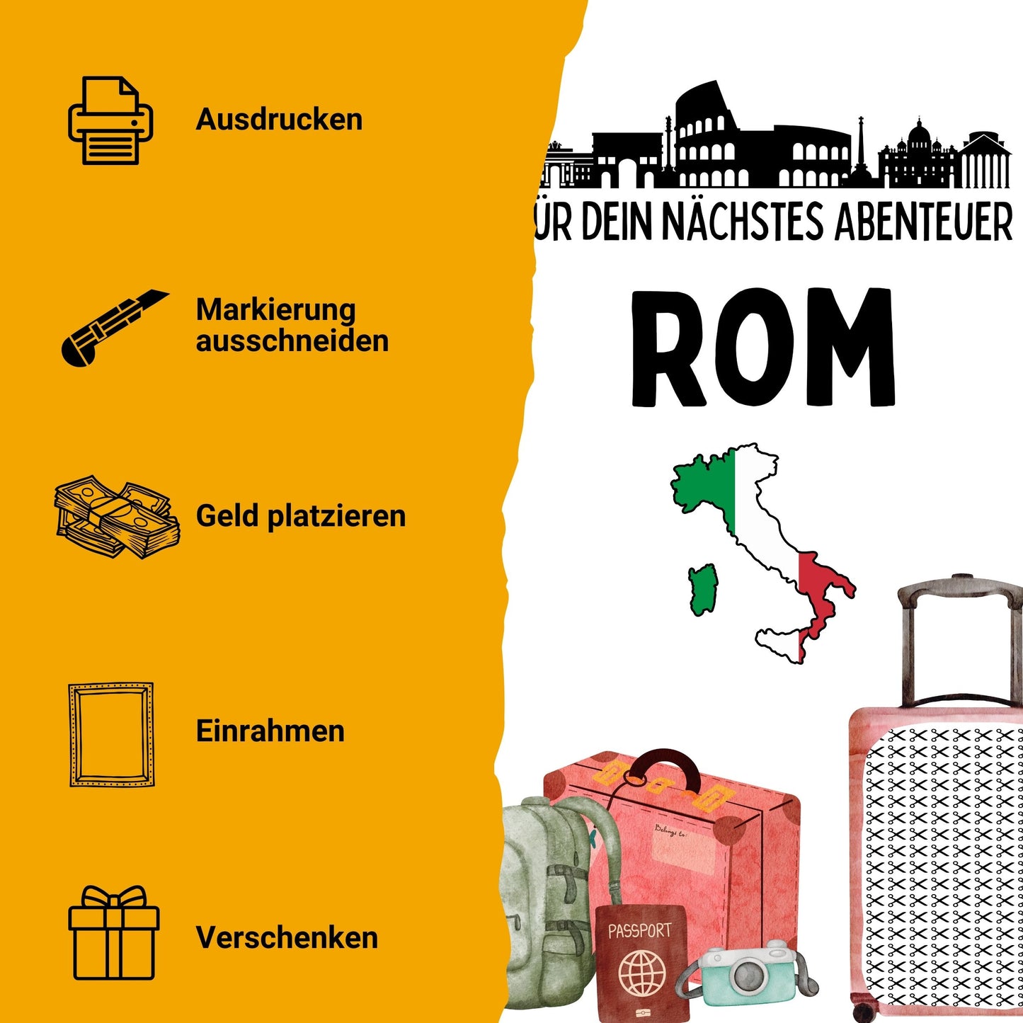 Rom Reise Geldgeschenk - Digitaler Sofort Download PDF A4 zum Ausdrucken