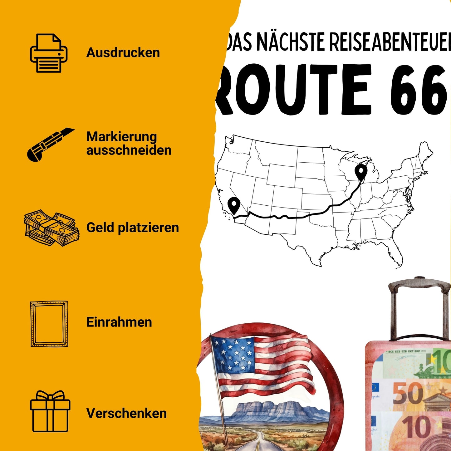Route 66 Reise Geldgeschenk Reisegutschein – Digitaler Sofort Download PDF A4 zum Ausdrucken