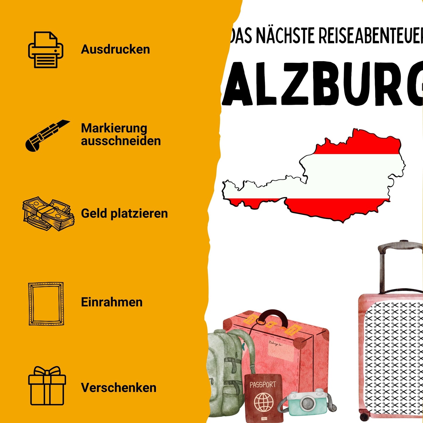 Salzburg Reise Geldgeschenk - Digitaler Sofort Download PDF A4 zum Ausdrucken