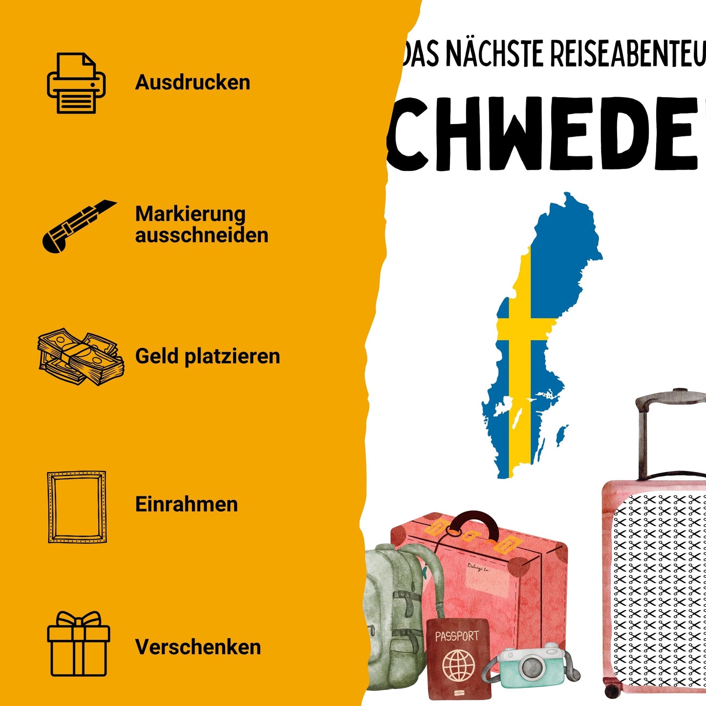 Schweden Reise Geldgeschenk - Digitaler Sofort Download PDF A4 zum Ausdrucken