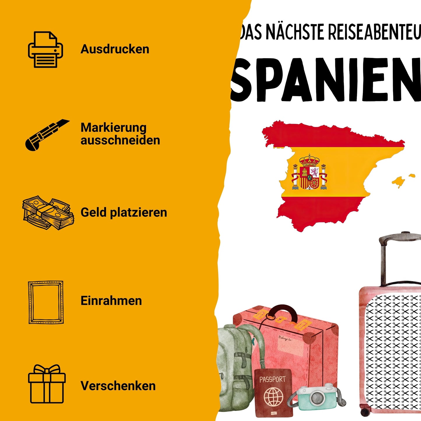 Spanien Reise Geldgeschenk Reisegutschein – Digitaler Sofort Download PDF A4 zum Ausdrucken