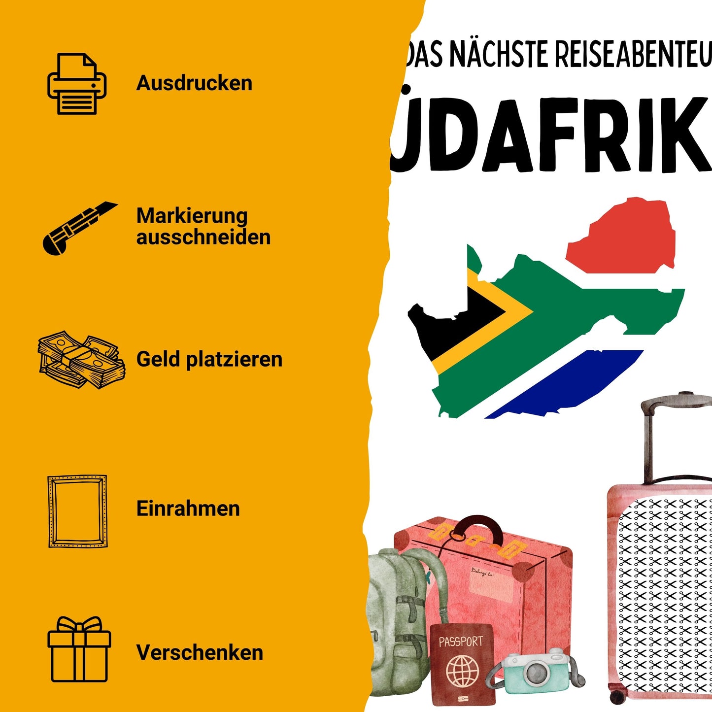 Südafrika Reise Geldgeschenk Reisegutschein – Digitaler Sofort Download PDF A4 zum Ausdrucken