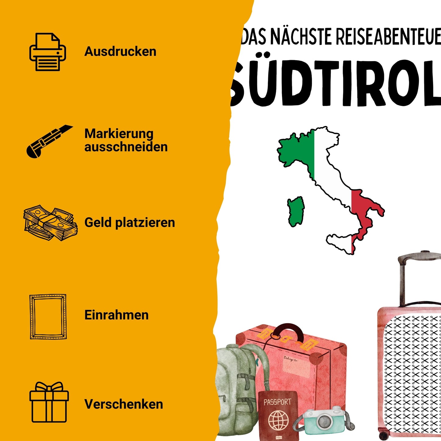 Südtirol Reise Geldgeschenk - Digitaler Sofort Download PDF A4 zum Ausdrucken