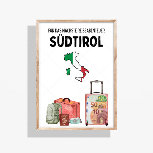 Südtirol Reise Geldgeschenk - Digitaler Sofort Download PDF A4 zum Ausdrucken