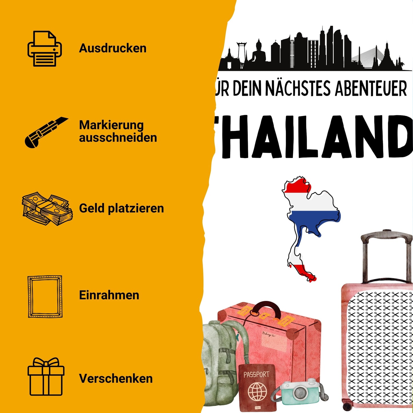 Thailand Reise Geldgeschenk - Digitaler Sofort Download PDF A4 zum Ausdrucken
