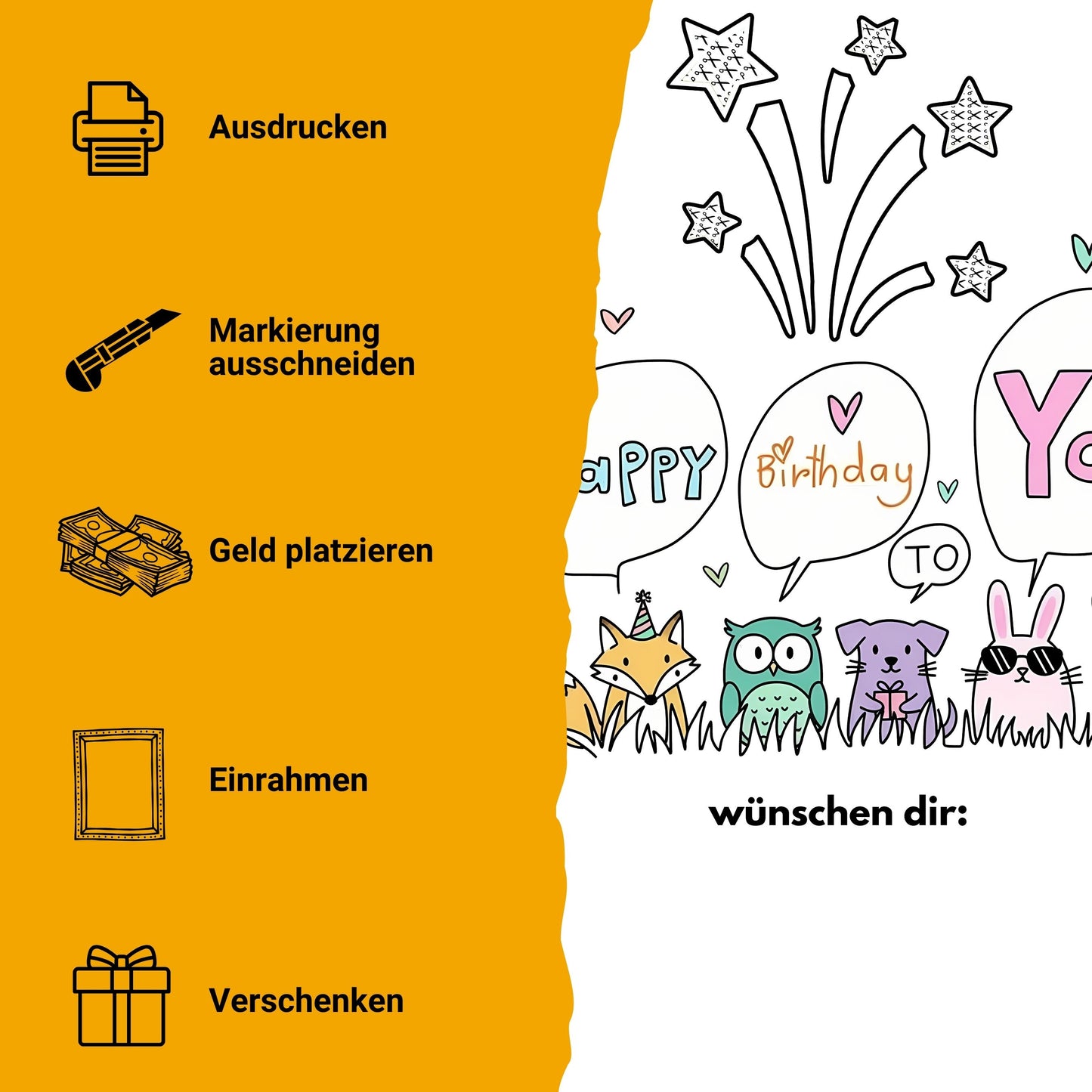 Fuchs Eule Geldgeschenk Geburtstag personalisierbar – Digitaler Sofort Download PDF A4 zum Ausdrucken