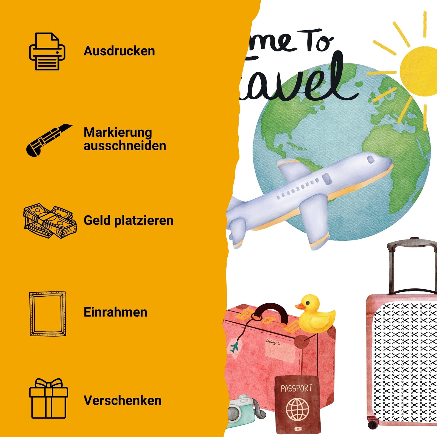 Reise Geldgeschenk Time to Travel Reisegutschein – Digitaler Sofort Download PDF A4 zum Ausdrucken