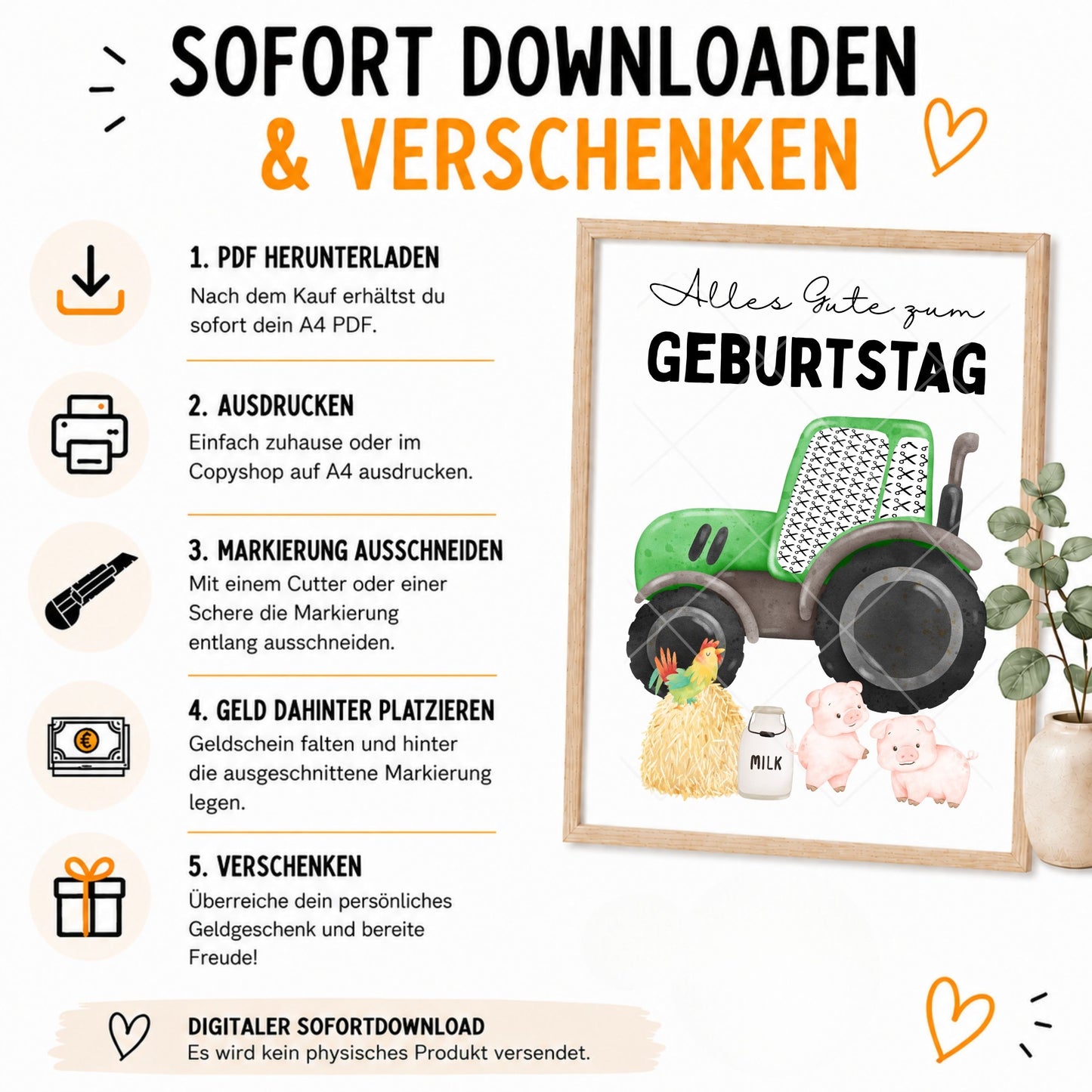 Traktor Geldgeschenk Kinder Geburtstag - Digitaler Sofort Download PDF A4 zum Ausdrucken