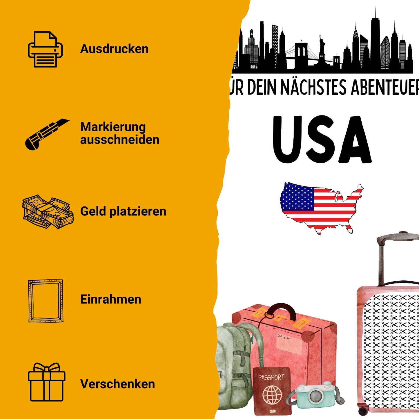 USA Reise Geldgeschenk Reisegutschein – Digitaler Sofort Download PDF A4 zum Ausdrucken