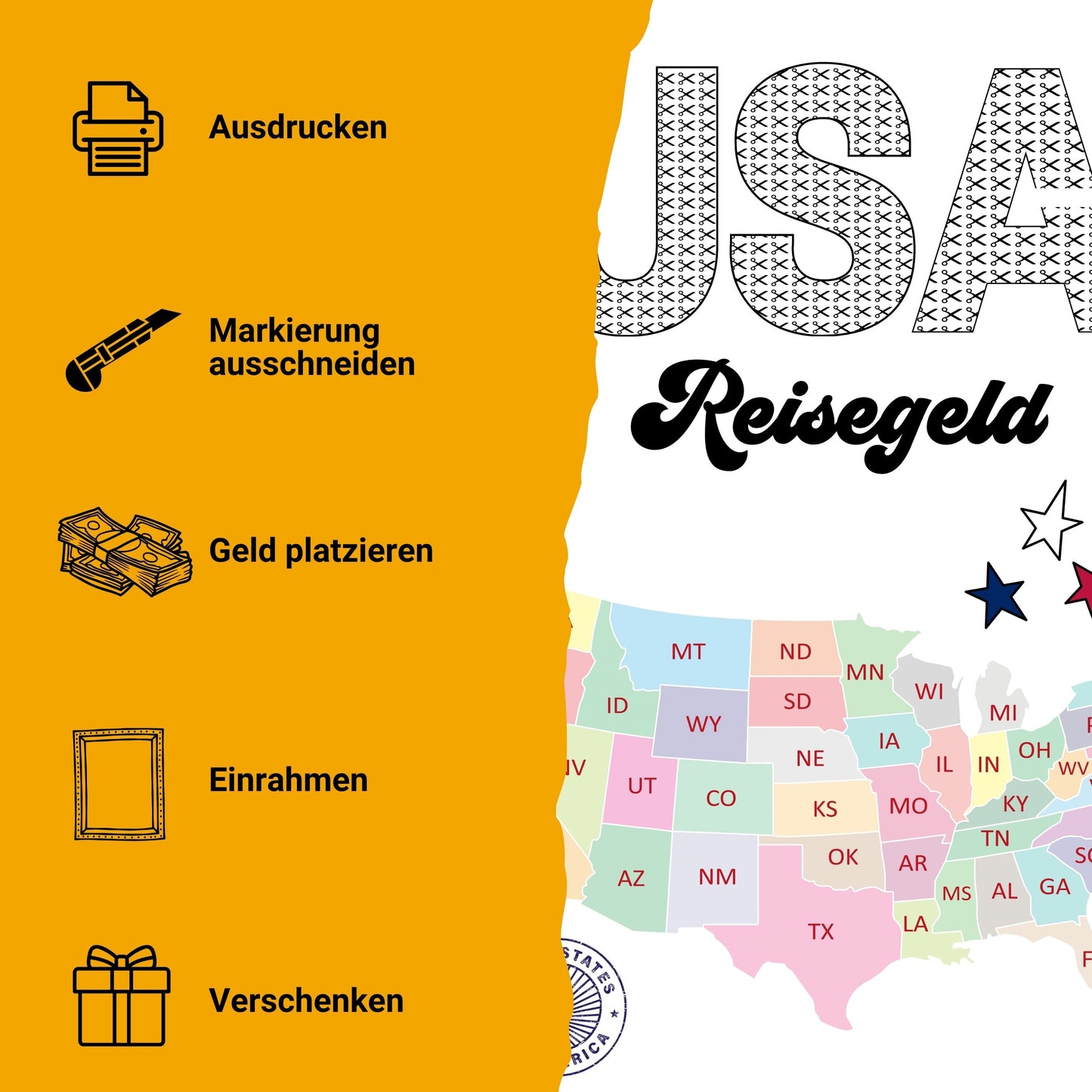 USA Reisegeld Geldgeschenk Reisekasse – Digitaler Sofort Download PDF A4 zum Ausdrucken