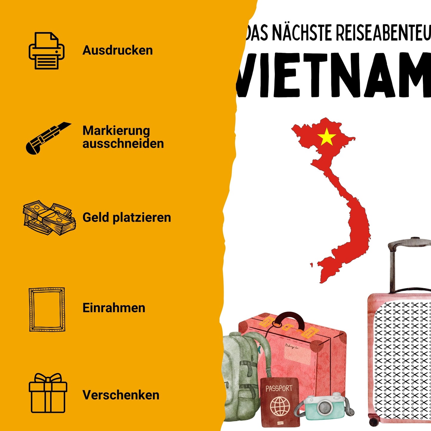 Vietnam Reise Geldgeschenk - Digitaler Sofort Download PDF A4 zum Ausdrucken