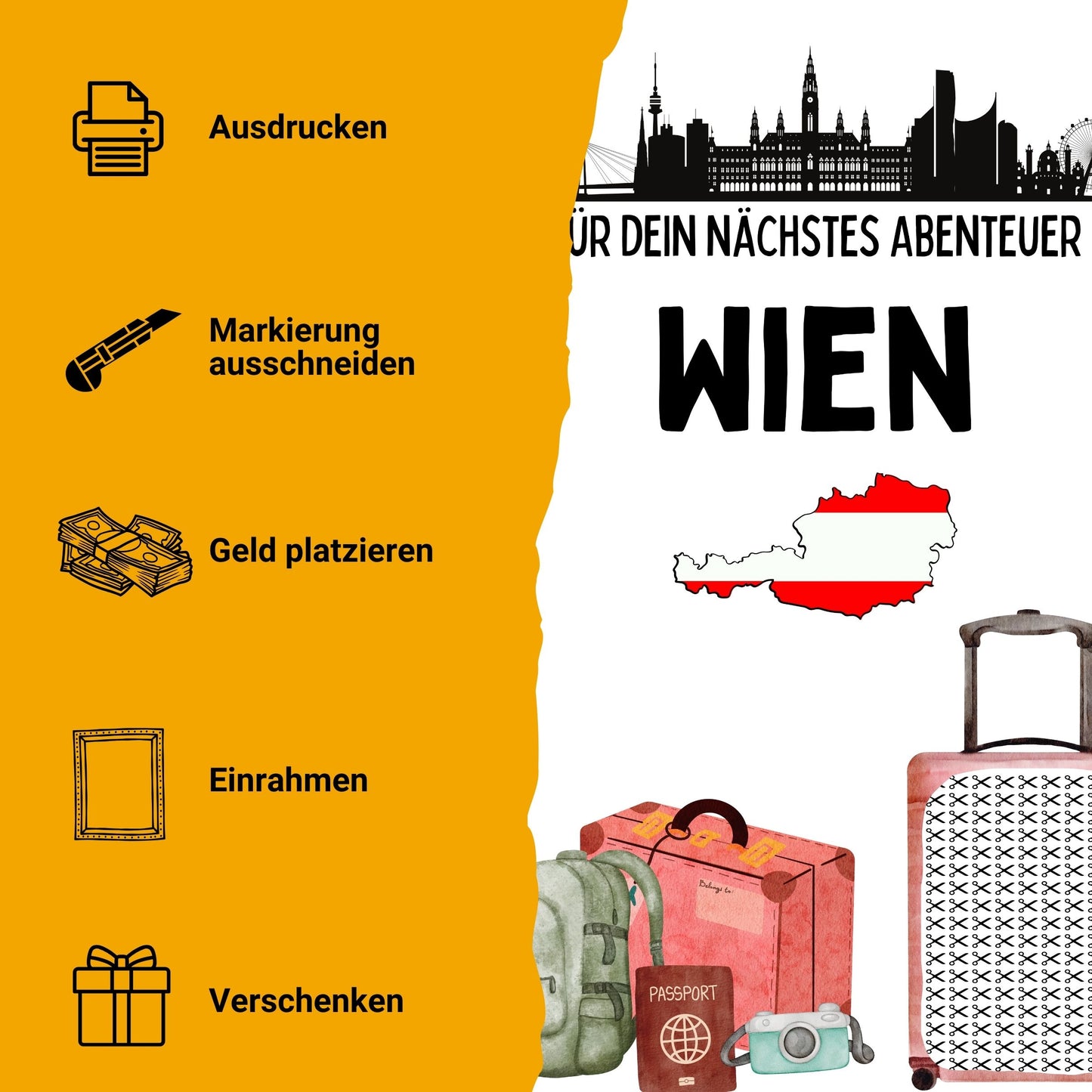 Wien Reise Geldgeschenk - Digitaler Sofort Download PDF A4 zum Ausdrucken