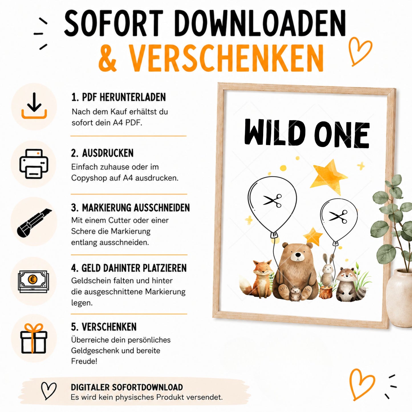 Wild One Geldgeschenk 1. Geburtstag – Digitaler Sofort Download PDF A4 zum Ausdrucken