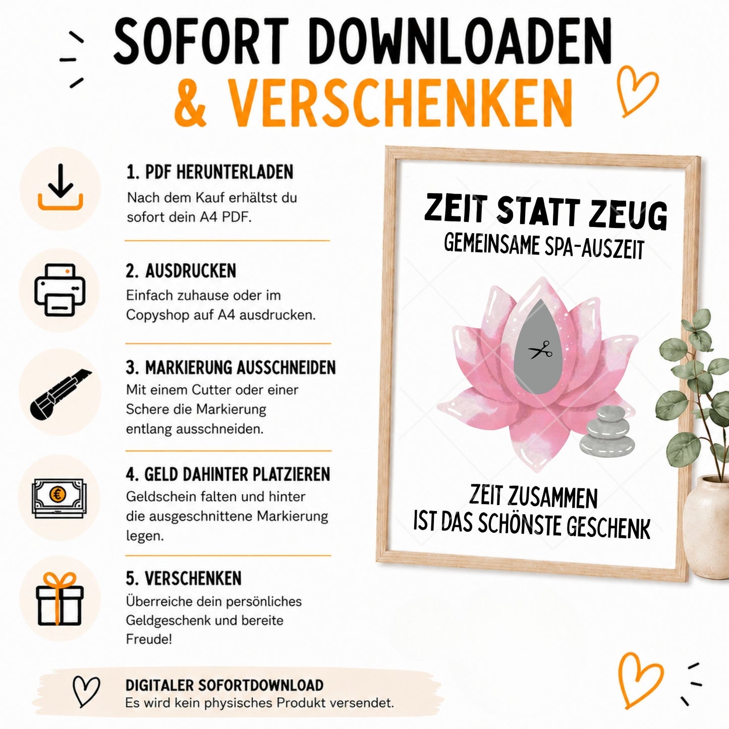 Spa Wellness Geldgeschenk Zeit statt Zeug - Digitaler Sofort Download PDF A4 zum Ausdrucken