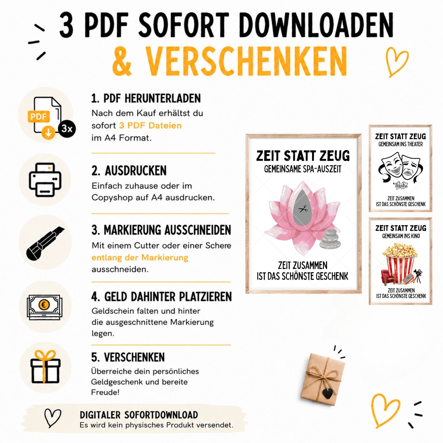 Spa, Theater & Kino Zeit statt Zeug Geldgeschenk | Sparset 3x A4 PDF Sofort-Download