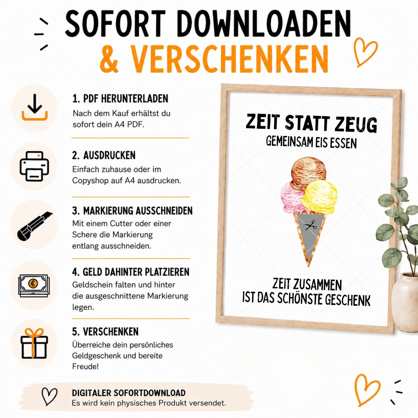 Eis Essen Geldgeschenk Zeit statt Zeug - Digitaler Sofort Download PDF A4 zum Ausdrucken