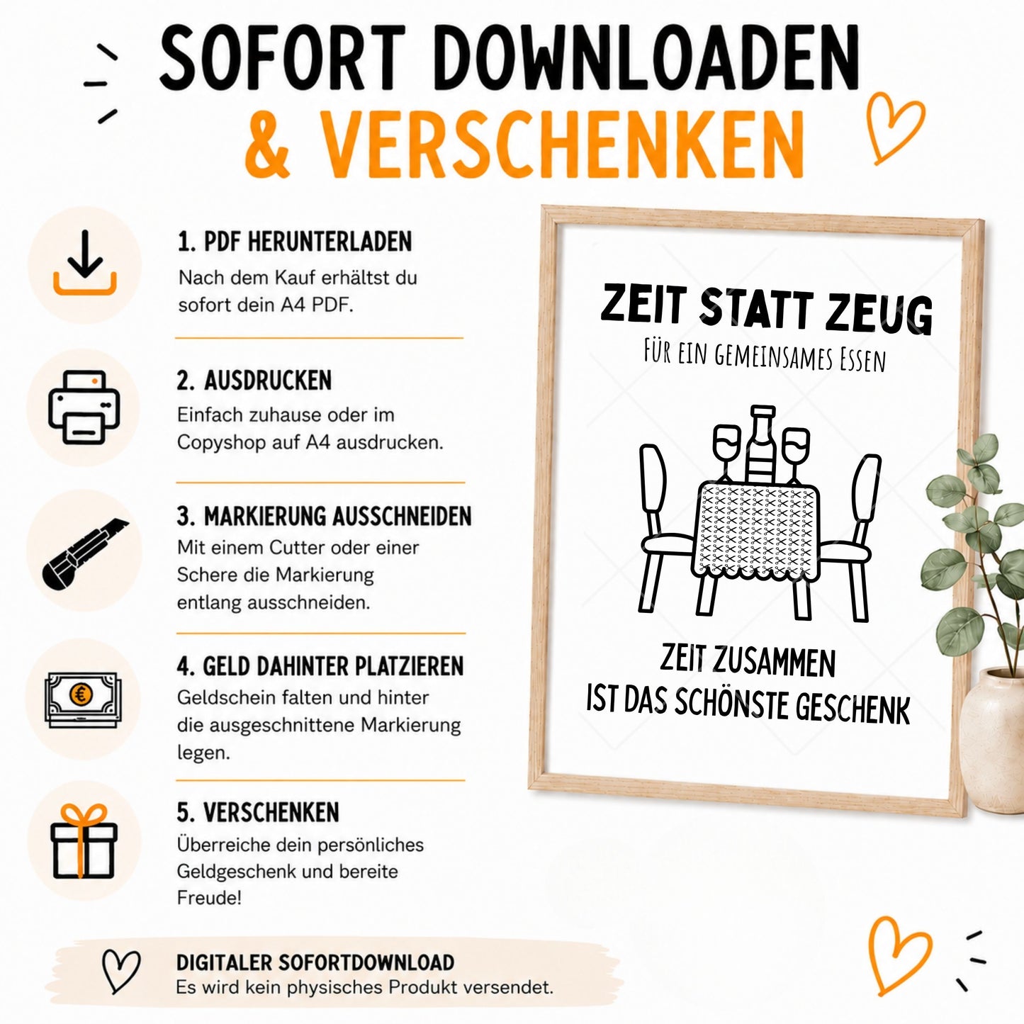 Essen Gehen Geldgeschenk Zeit statt Zeug - Digitaler Sofort Download PDF A4 zum Ausdrucken