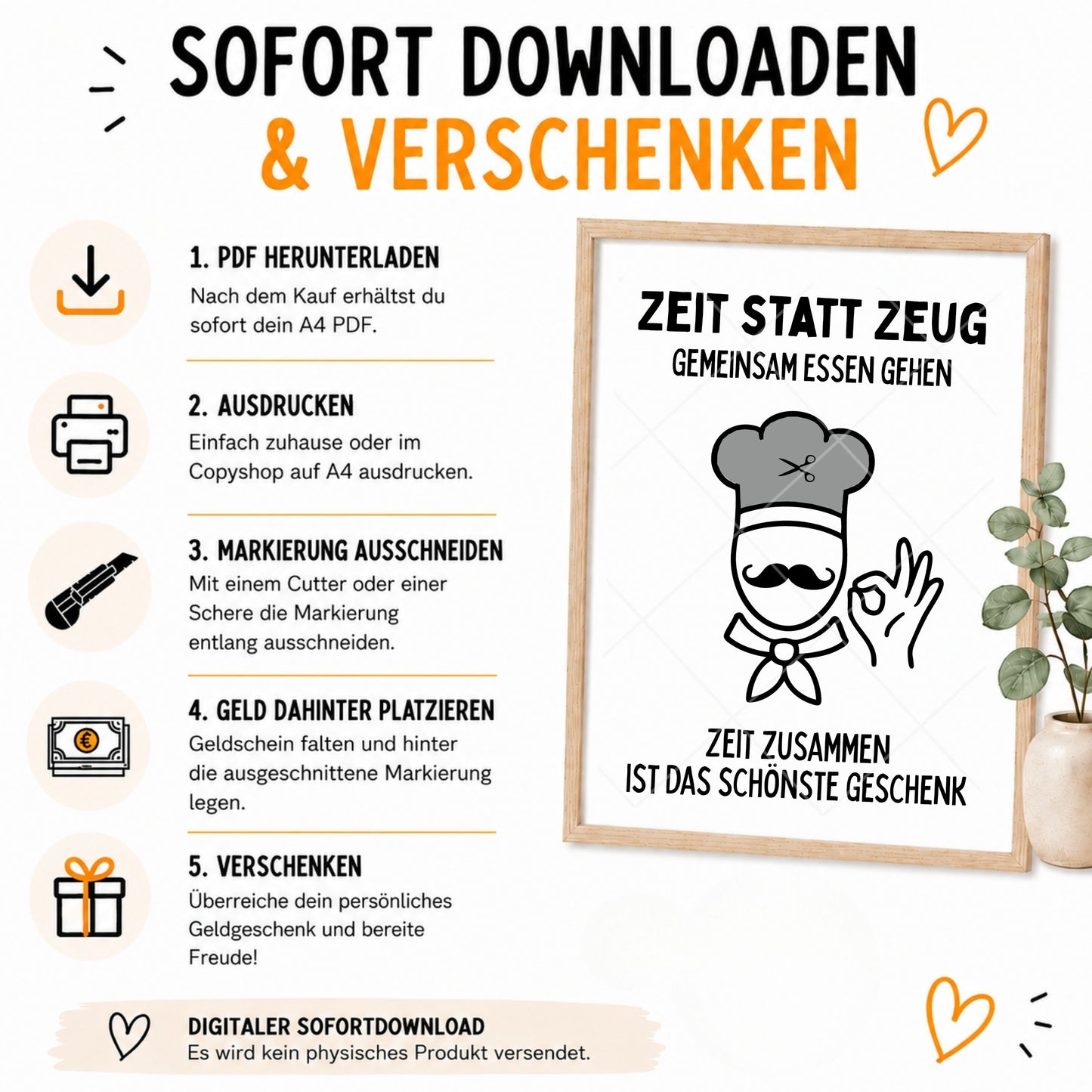 Restaurant-Besuch Geldgeschenk Zeit statt Zeug - Digitaler Sofort Download PDF A4 zum Ausdrucken
