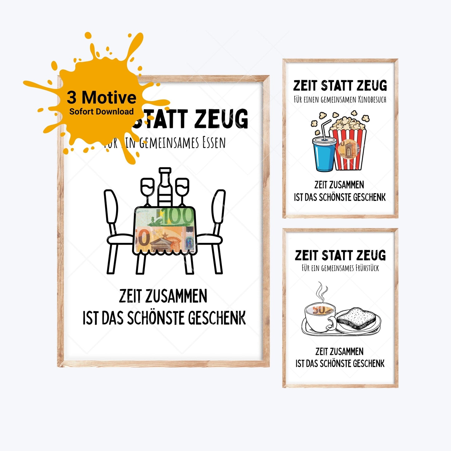 Essen, Kino & Frühstück Zeit statt Zeug Geldgeschenk | Sparset 3x A4 PDF Sofort-Download