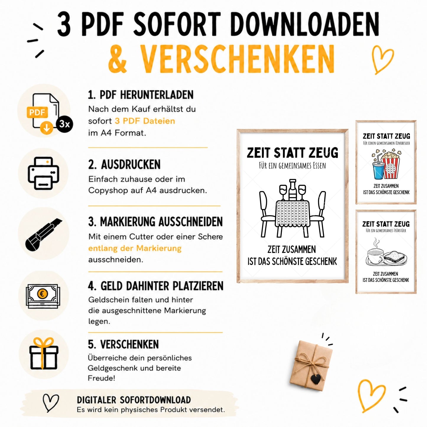 Essen, Kino & Frühstück Zeit statt Zeug Geldgeschenk | Sparset 3x A4 PDF Sofort-Download