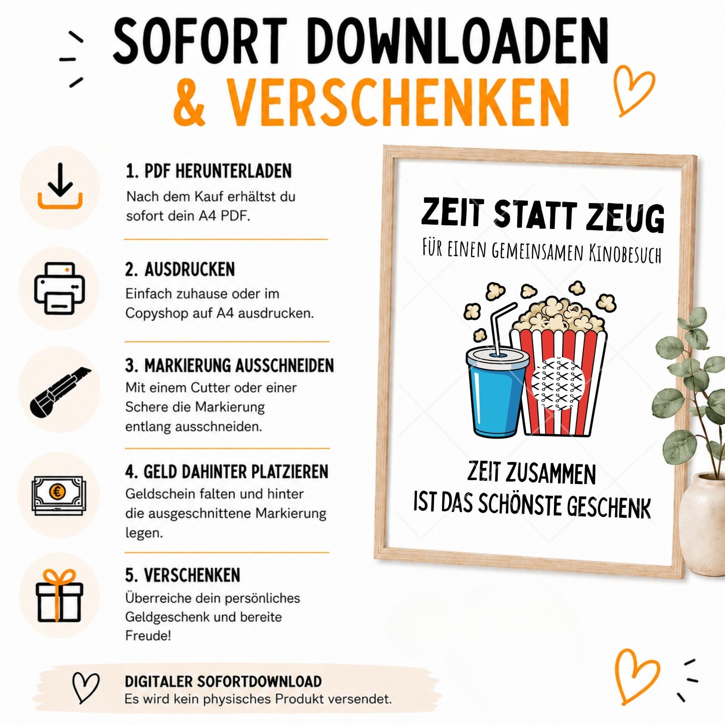 Kino Geldgeschenk Zeit statt Zeug - Digitaler Sofort Download PDF A4 zum Ausdrucken