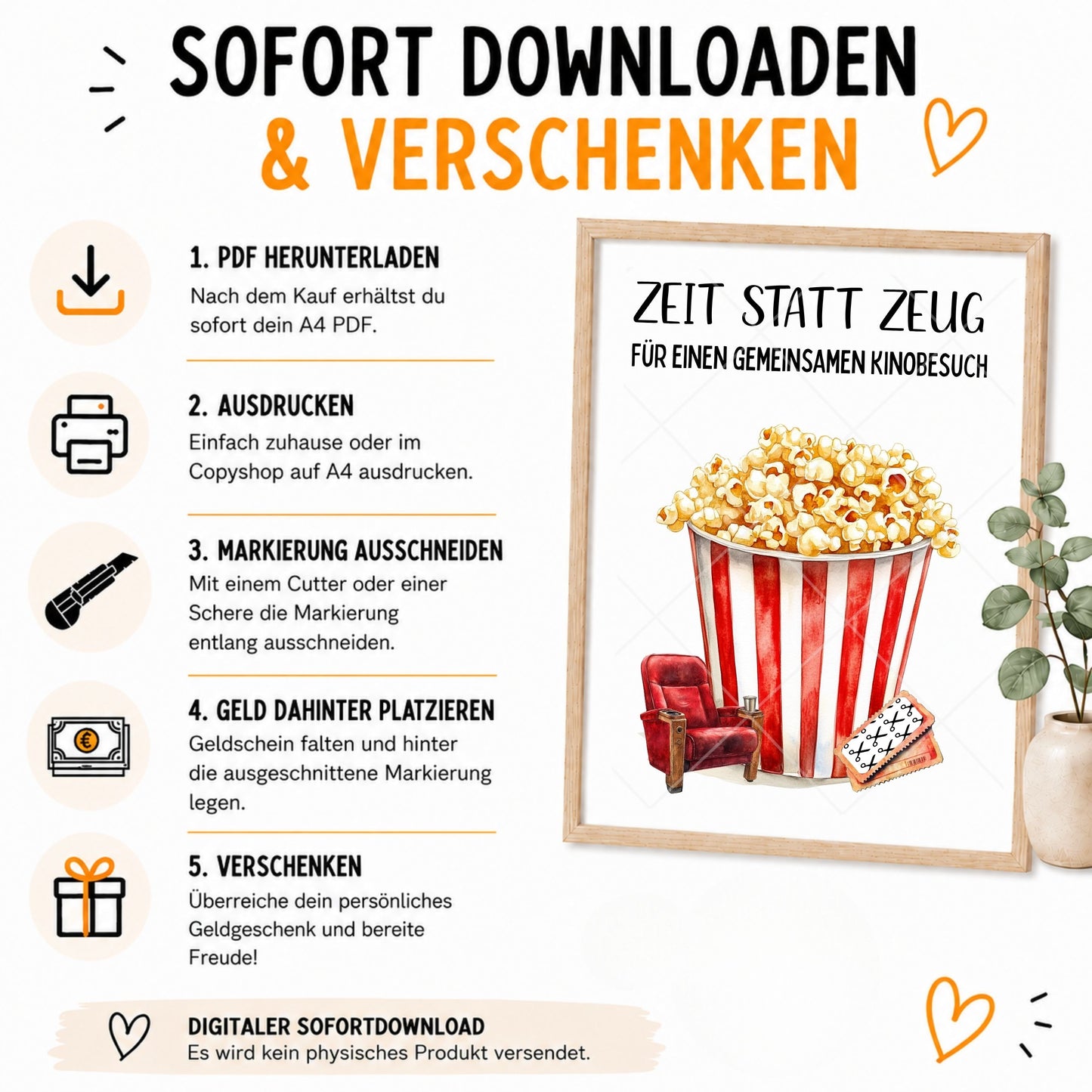 Kino Besuch mit Popcorn Geldgeschenk Zeit statt Zeug - Digitaler Sofort Download PDF A4 zum Ausdrucken