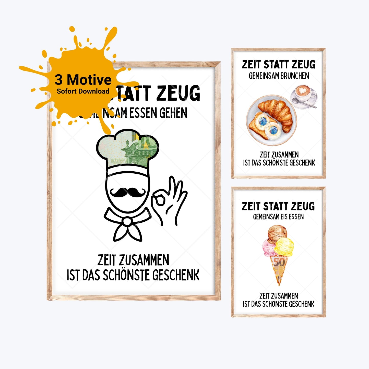 Restaurant, Brunchen & Eis essen Zeit statt Zeug Geldgeschenk | Sparset 3x A4 PDF Sofort-Download