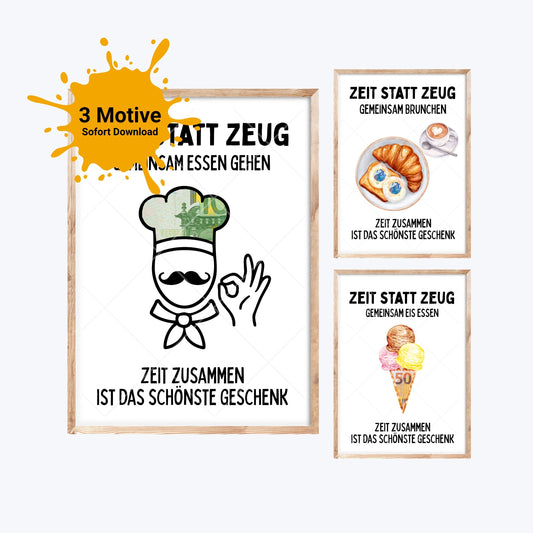 Restaurant, Brunchen & Eis essen Zeit statt Zeug Geldgeschenk | Sparset 3x A4 PDF Sofort-Download