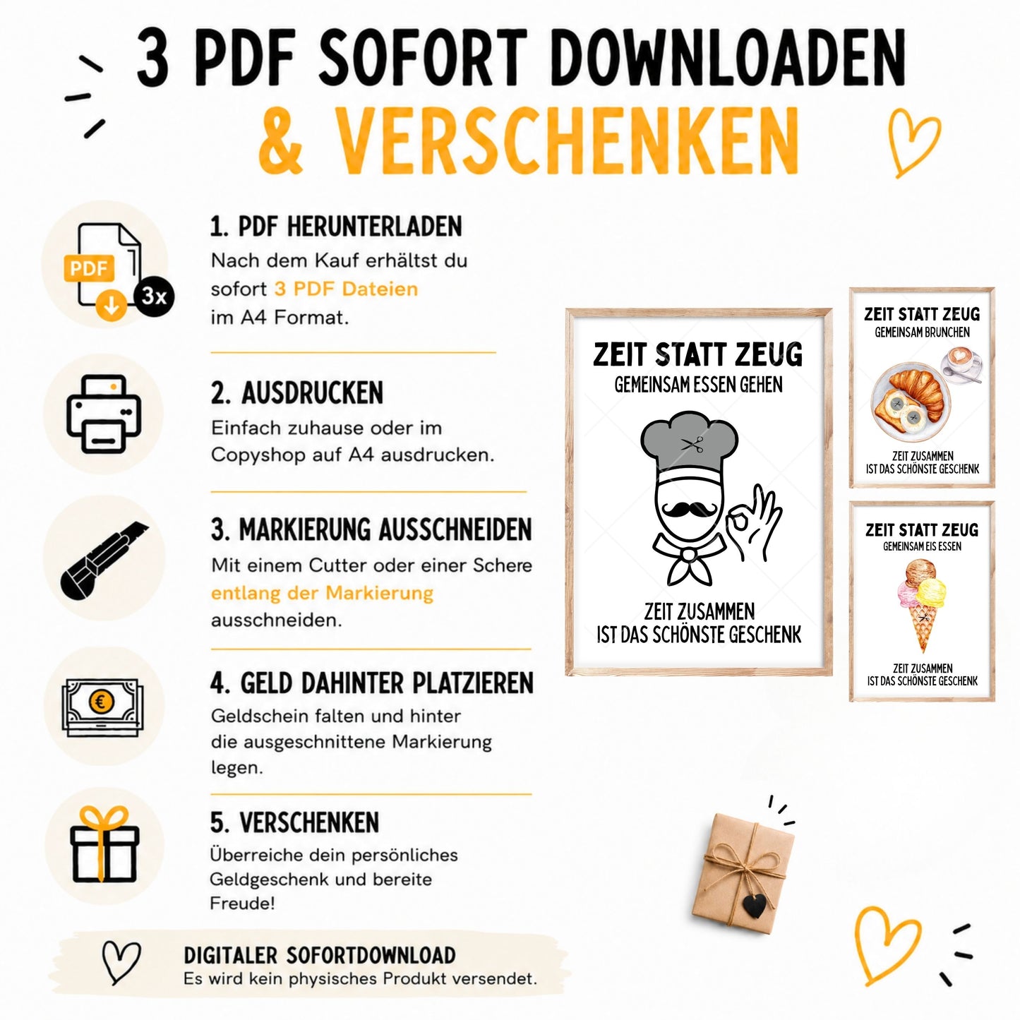 Restaurant, Brunchen & Eis essen Zeit statt Zeug Geldgeschenk | Sparset 3x A4 PDF Sofort-Download