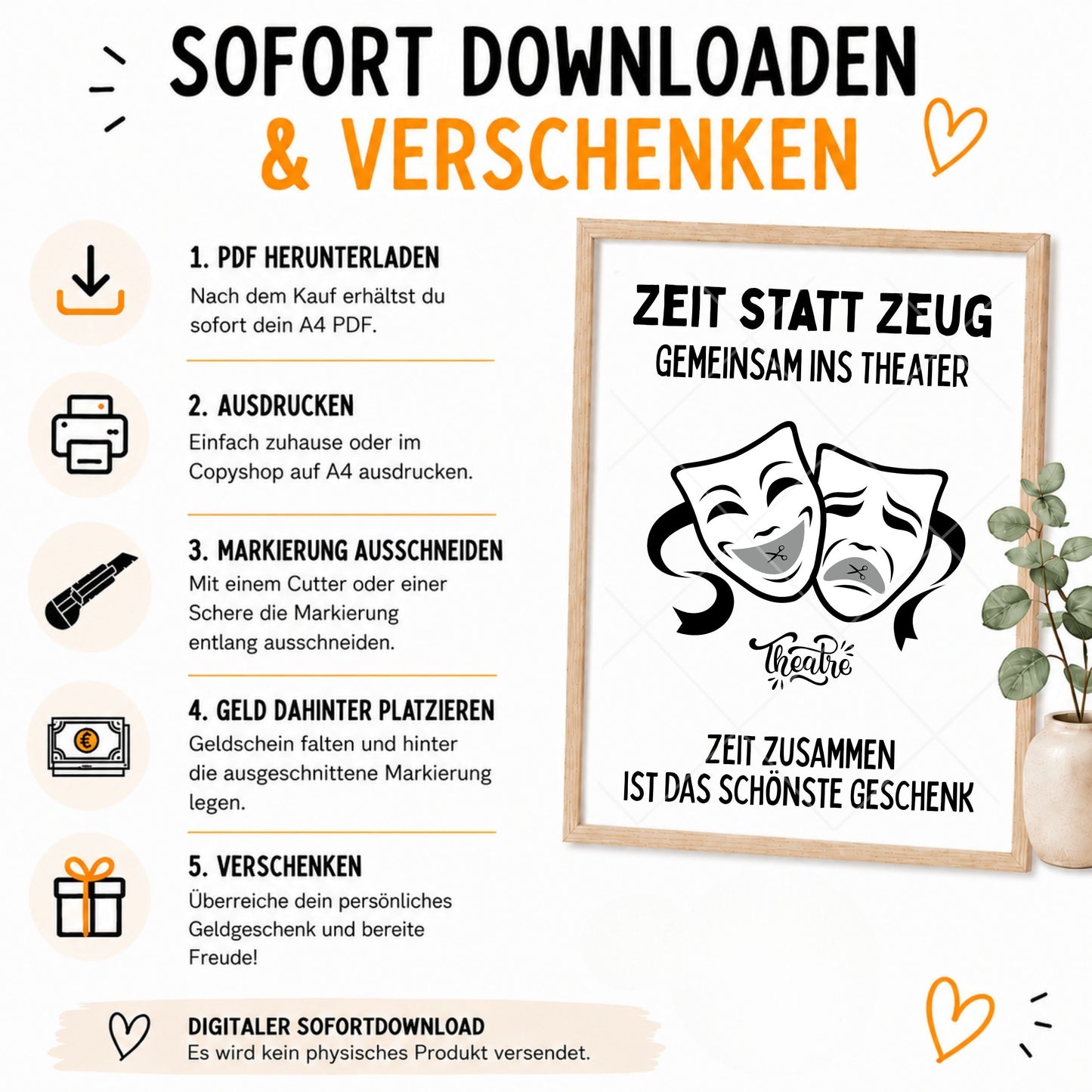 Theater Besuch Geldgeschenk Zeit statt Zeug - Digitaler Sofort Download PDF A4 zum Ausdrucken