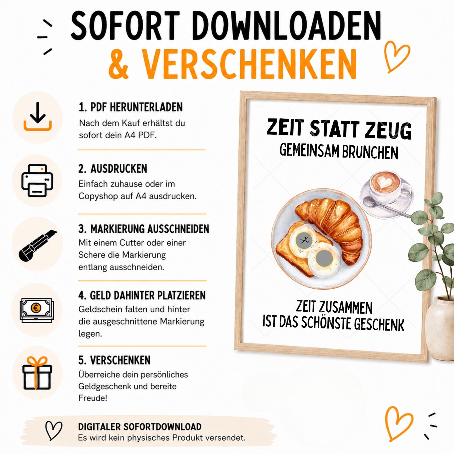 Einladung Brunch Geldgeschenk Zeit statt Zeug - Digitaler Sofort Download PDF A4 zum Ausdrucken