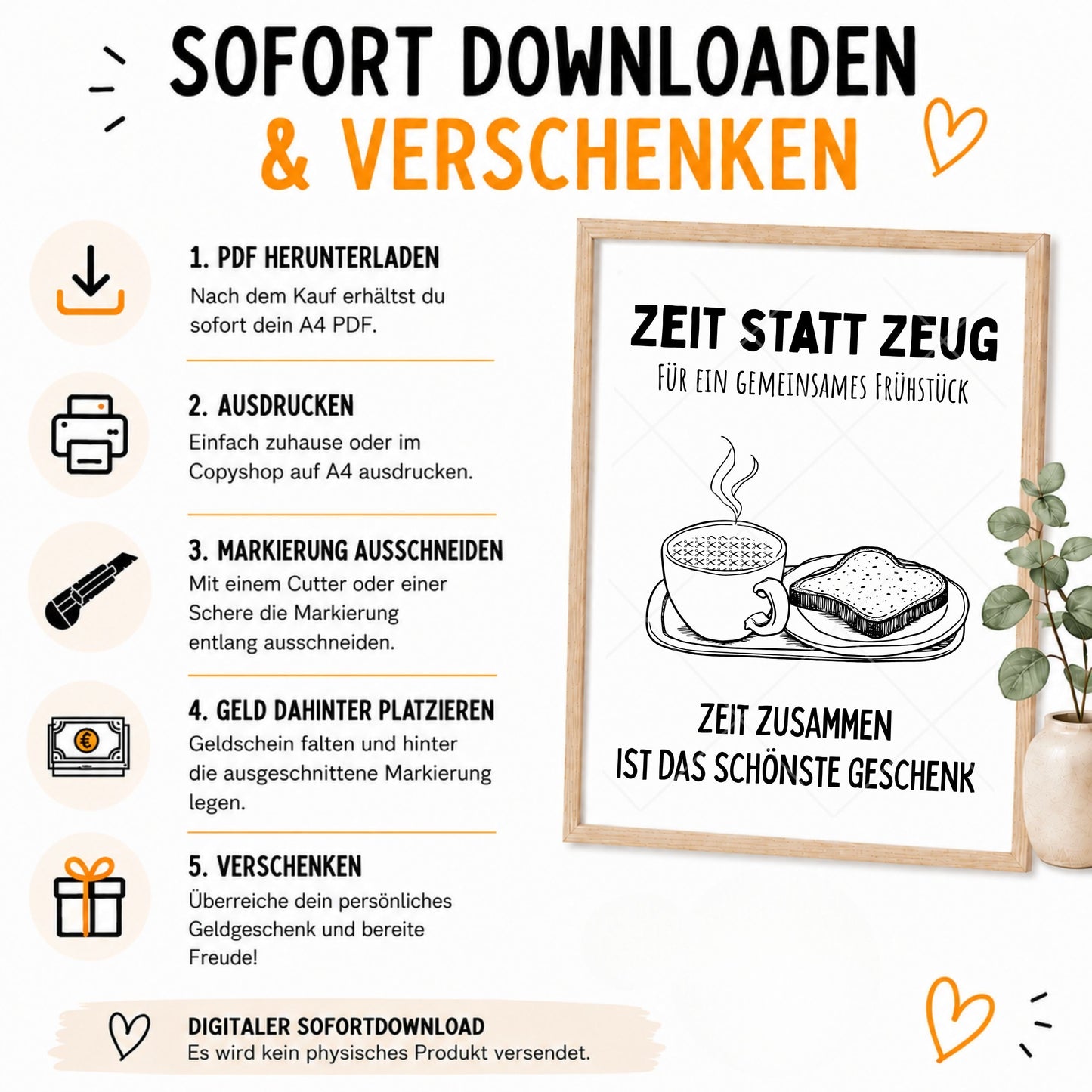 Frühstück Geldgeschenk Zeit statt Zeug - Digitaler Sofort Download PDF A4 zum Ausdrucken